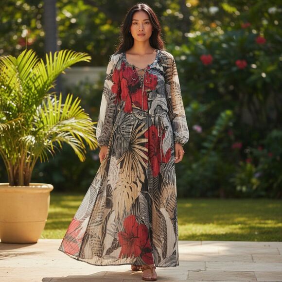 TOMMY BAHAMA Romantic Mermaid Ethereal Sheer Hibiscus Romance Midi Dress~$225 - Picture 1 of 13